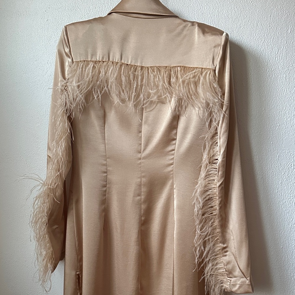 Hanifa Champagne Satin Open-Front Long Jacket/Blazer with Feather Details
